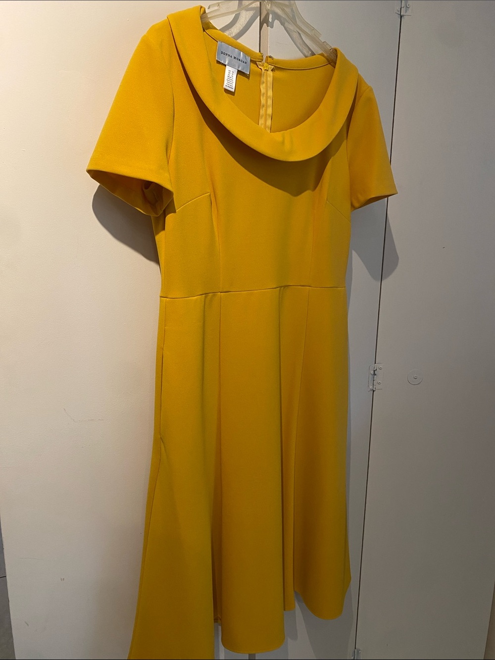 Donna Morgan classic styling fit flare Yellow Midi Dress with Draped Collar